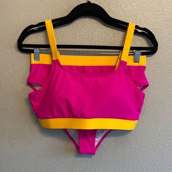NWOT- HOT PINK & ORANGE-HIGH WAIST COLOR BLOCK BIKINI - Picture 2 of 8